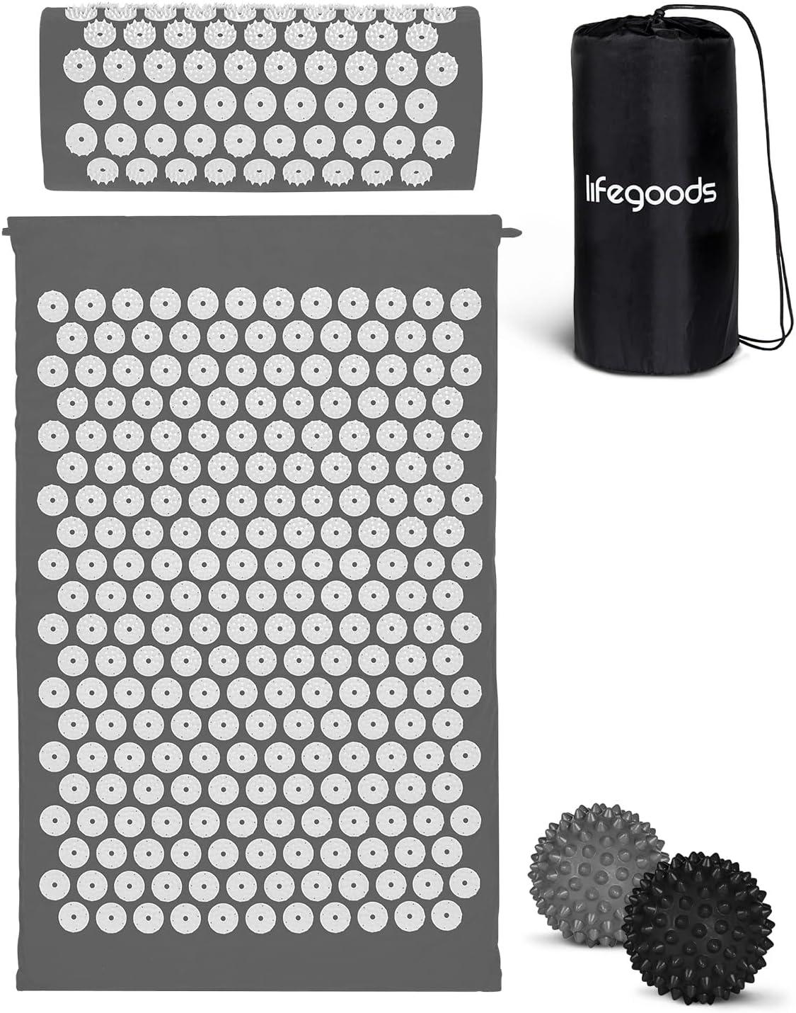 LifeGoods Akupressurmatte mit Lotus-Spikes, Naturbaumwoll-Bezug, Akupressur-Kissen und Massagebällen