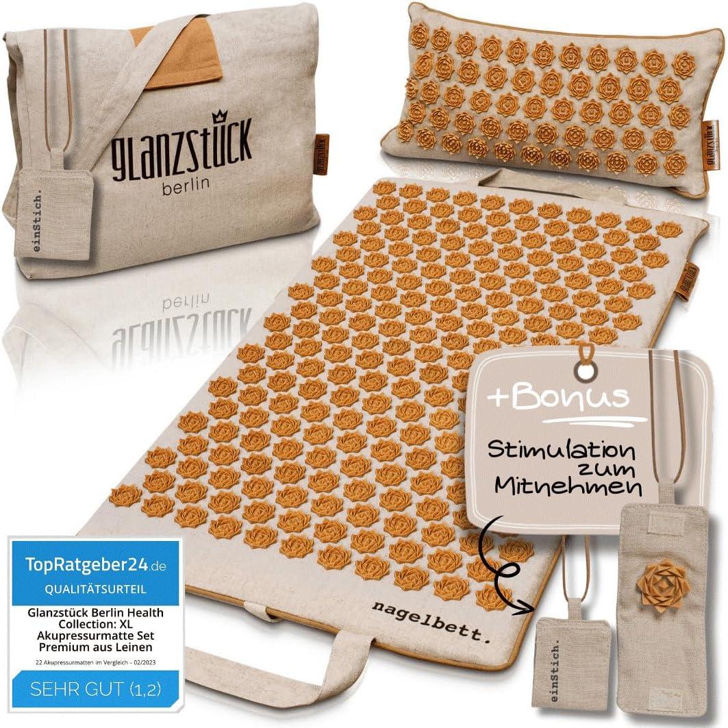 Glanzstück Berlin Original XL Set – Akupressurmatte aus Leinen mit Kissen (Wärmefunktion) und Tasche