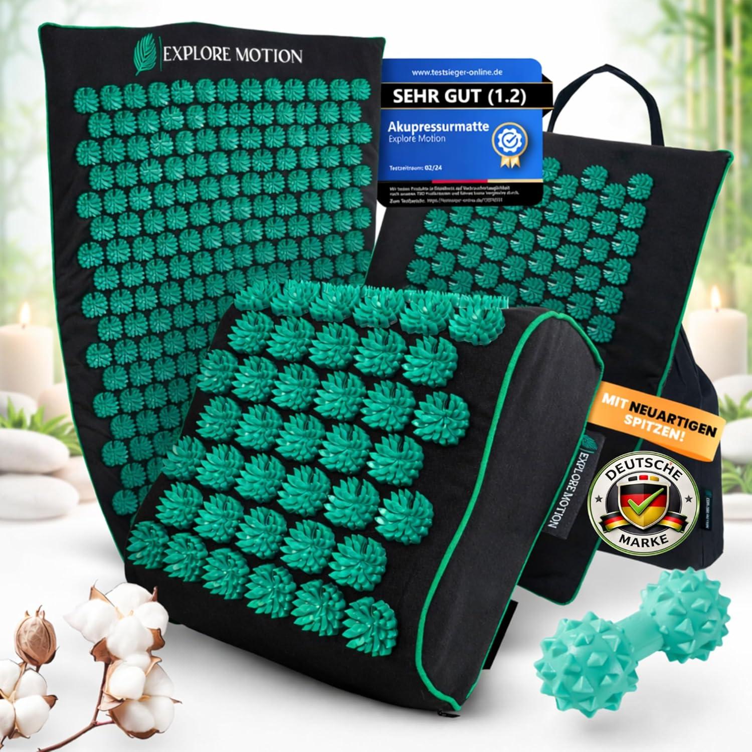 Explore Motion 6-in-1 Akupressurmatten-Set aus Naturfasern mit Nackenkissen, Triggerball und Extra-Matte