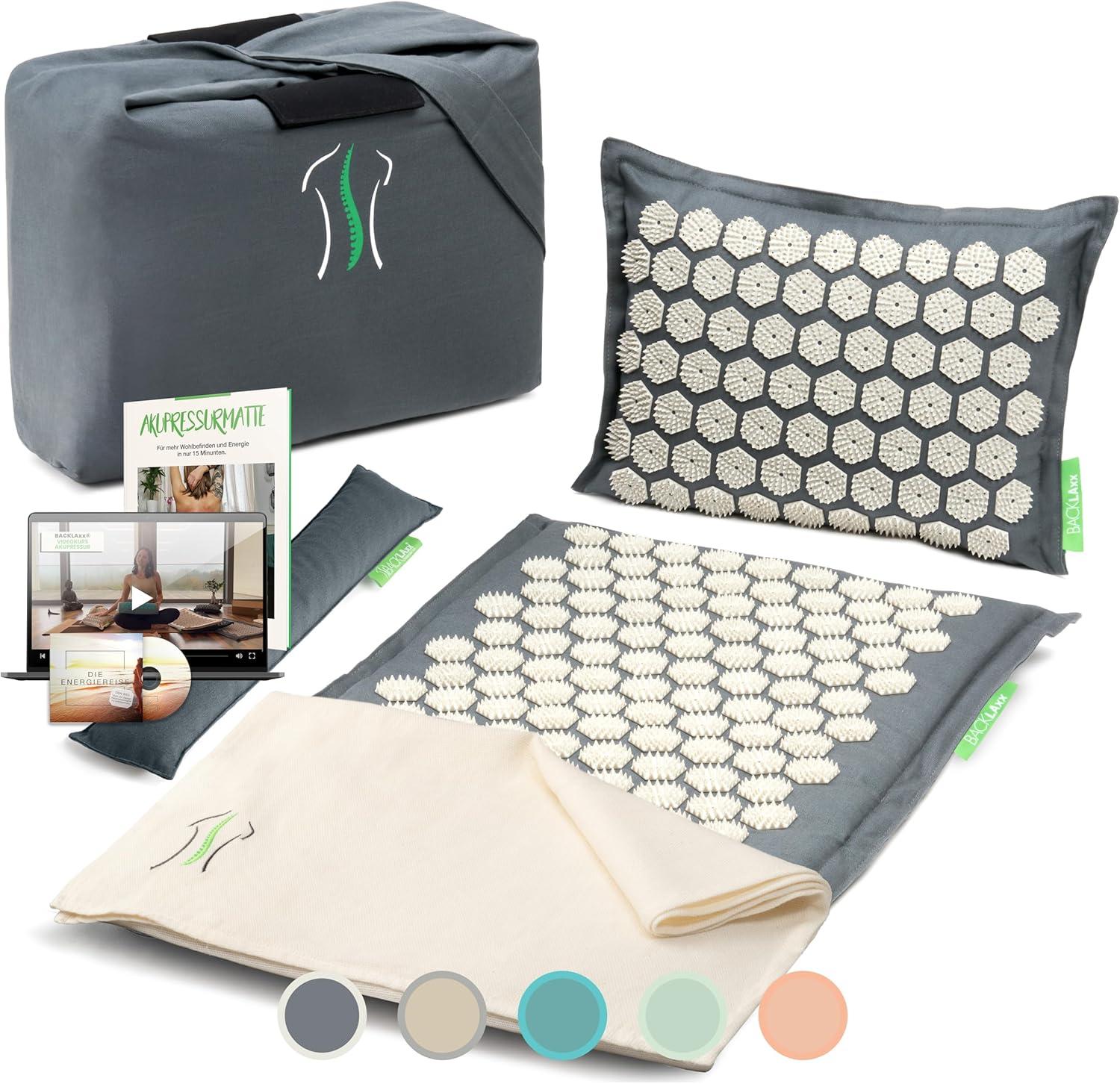 Backlaxx Akupressurmatte mit Halbleinen-Bezug, Naturkokos-Kern, Kissen, Tuch und Tasche